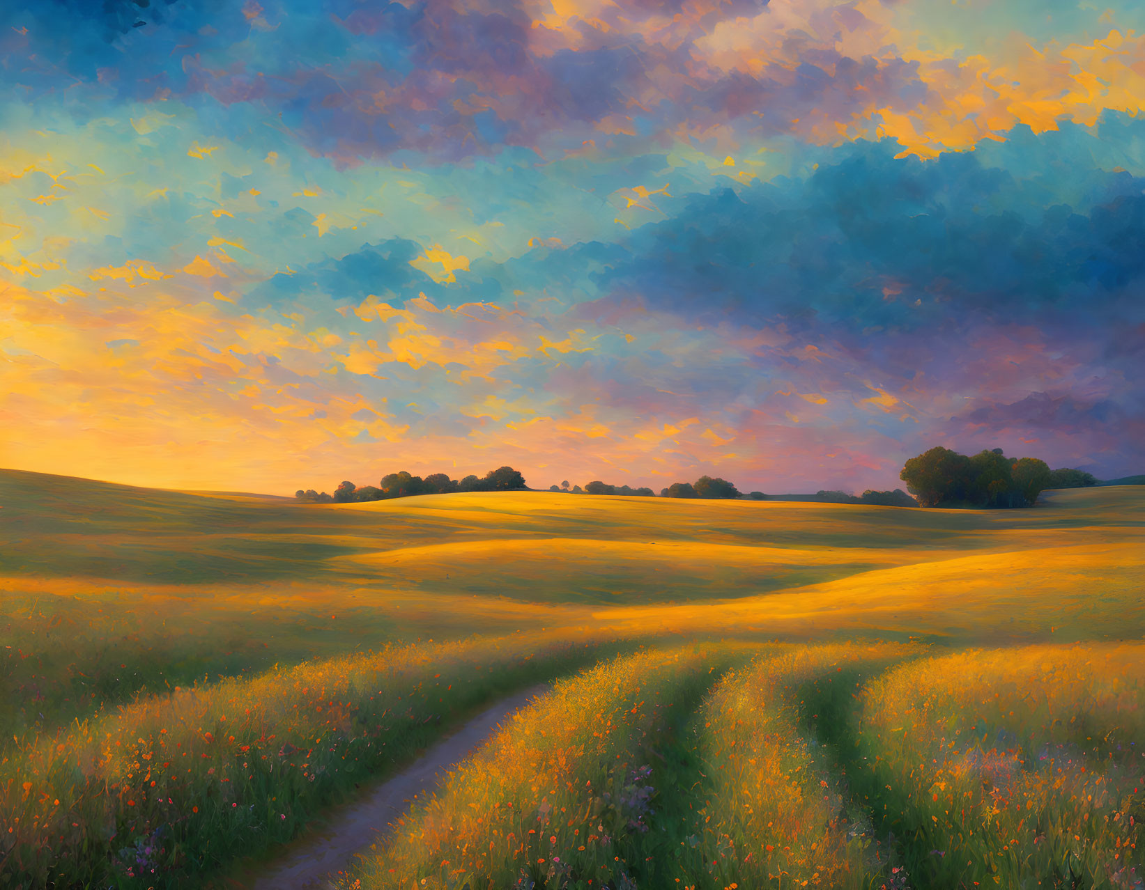 Scenic landscape: setting sun, golden light, flower-filled meadow, trees, dramatic sky