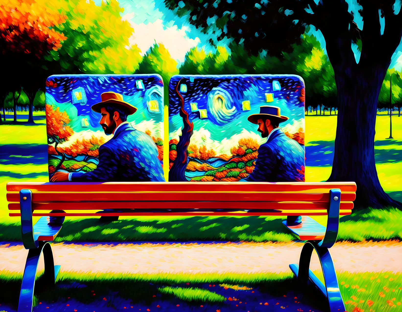 Tablets display Van Gogh's park bench painting on a bright day