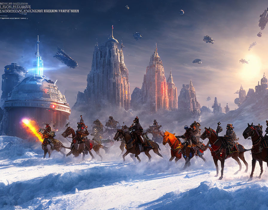 Horse-riding warriors in snowy landscape with futuristic buildings and spacecraft.