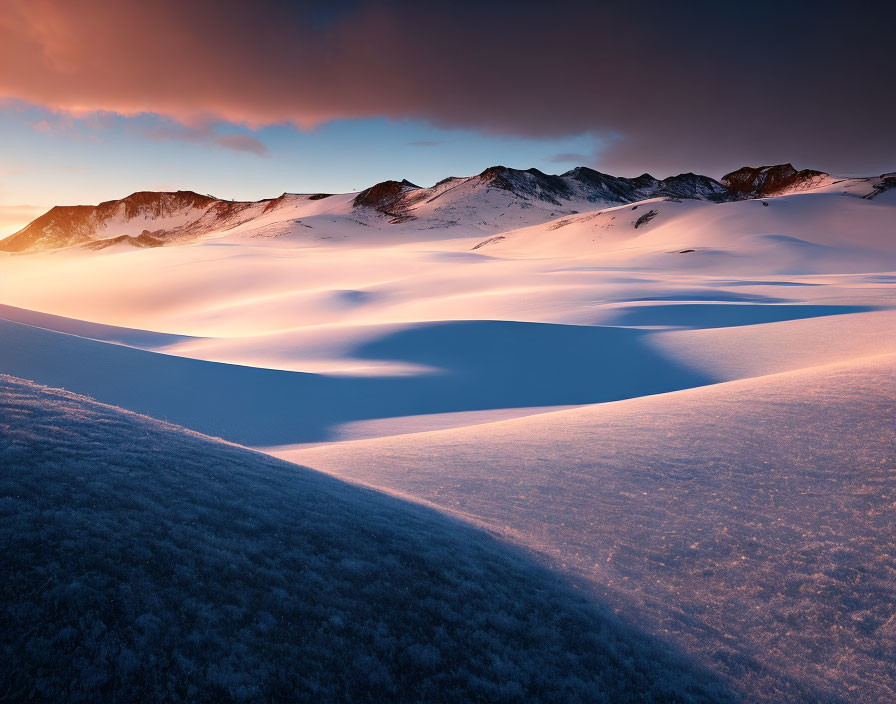 Twilight snow-covered hills with undulating contours