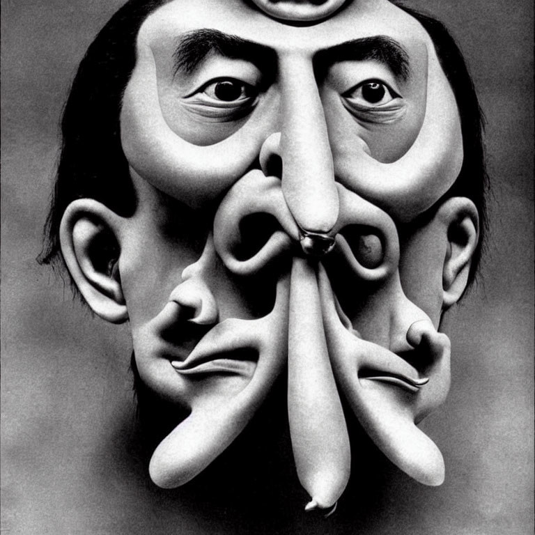 Surreal black and white portrait with contorted facial features