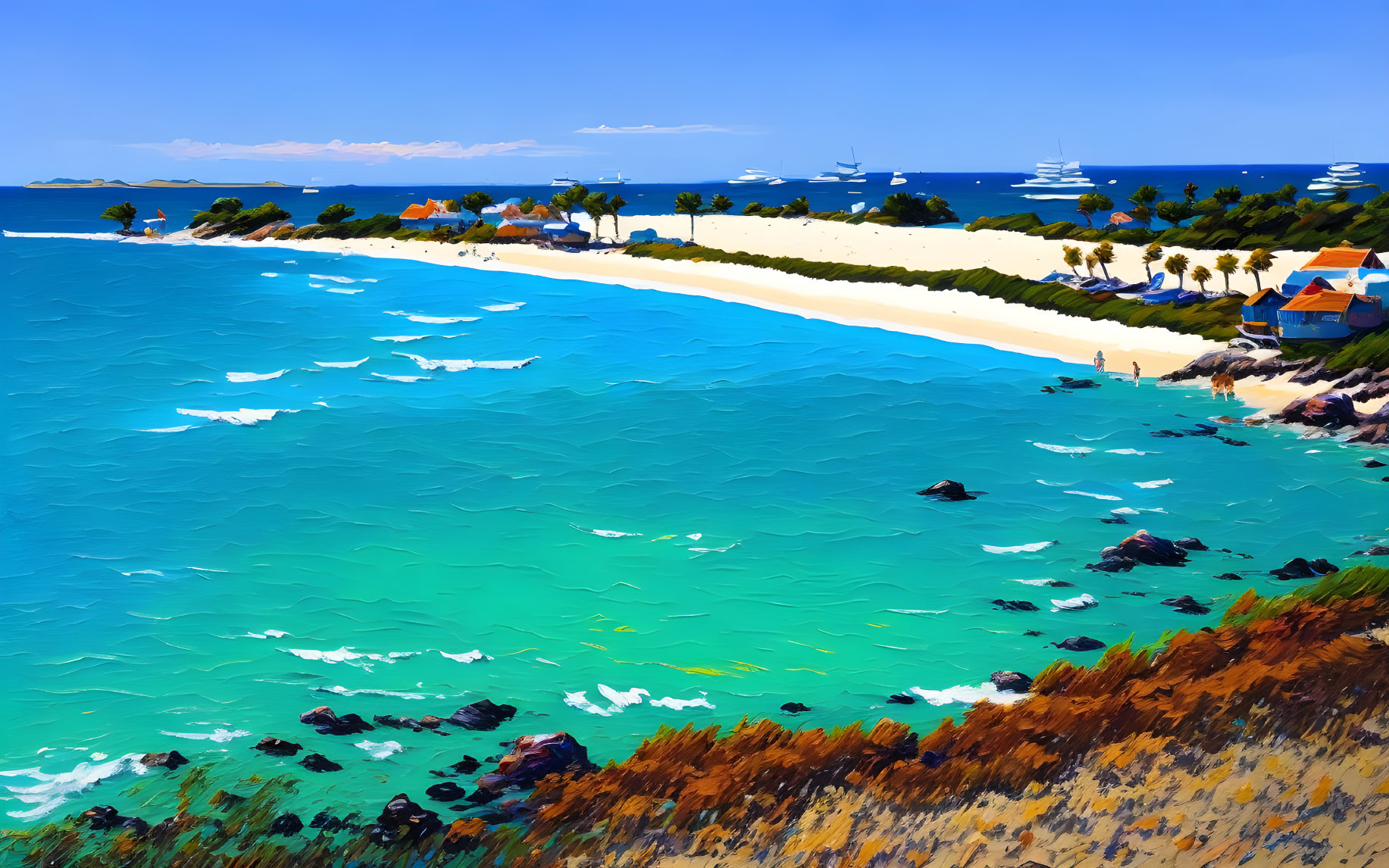 Sandy beach with turquoise ocean, buildings, and boats on a clear day