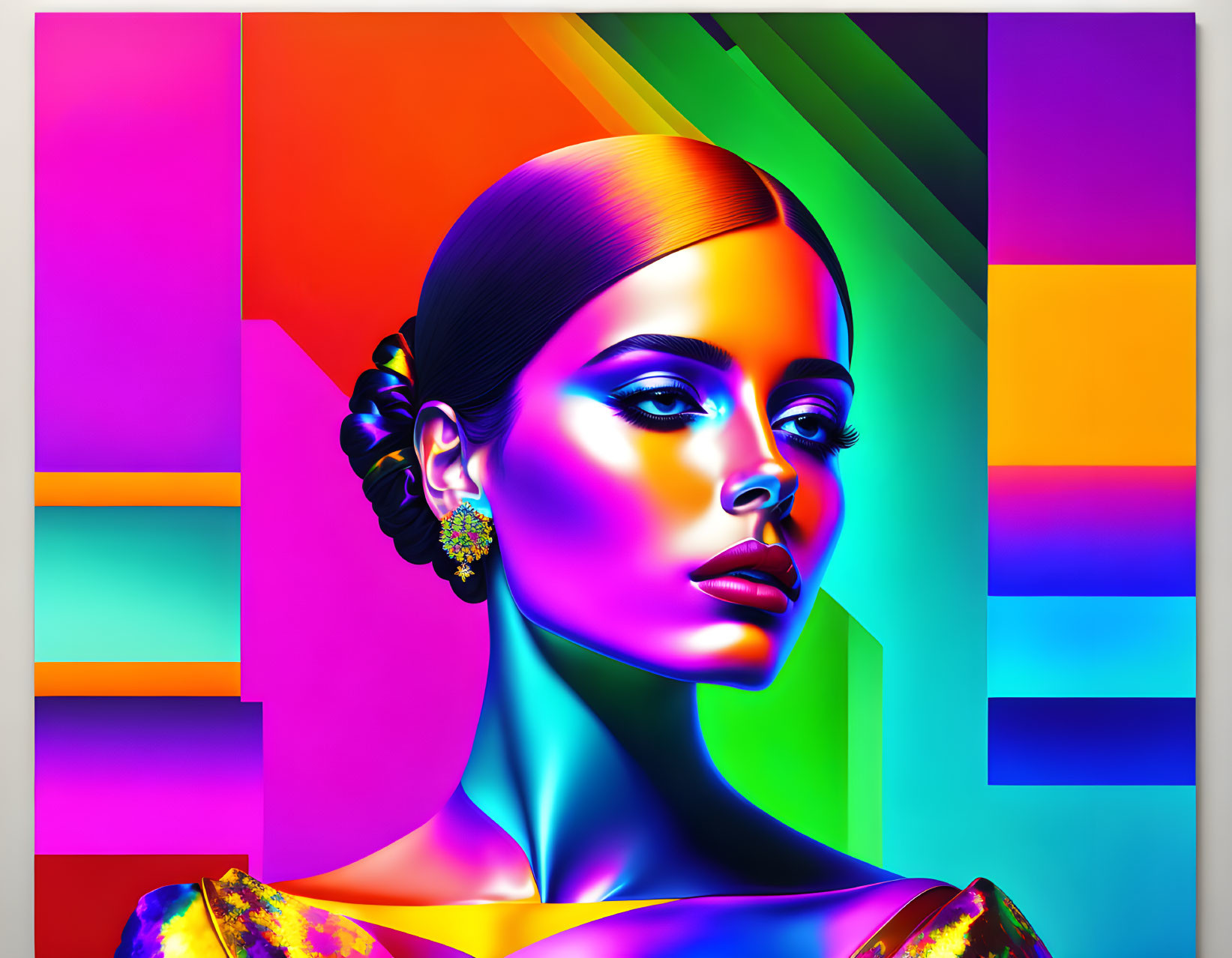 Colorful geometric digital portrait of a woman with glossy finish