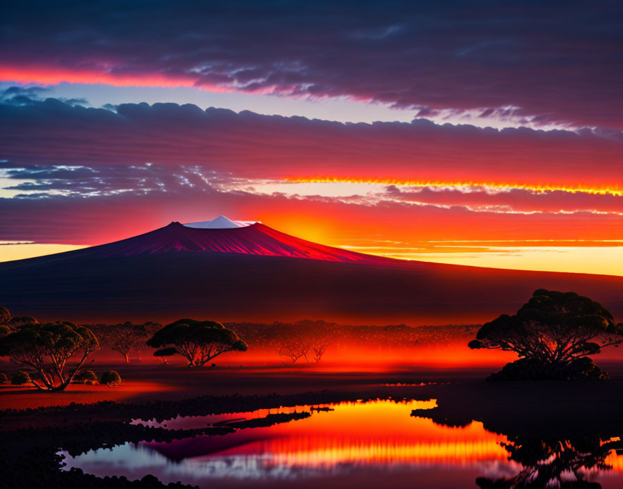 Majestic mountain silhouette against vibrant sunset with lake reflection