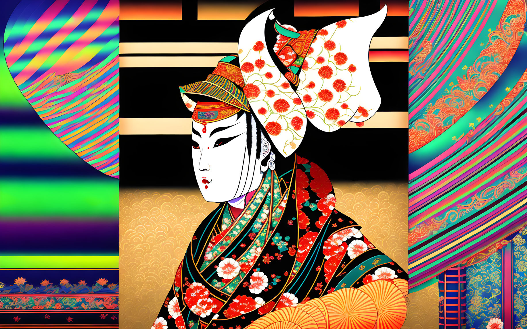 Traditional Kabuki actor in colorful costume and makeup with abstract background.