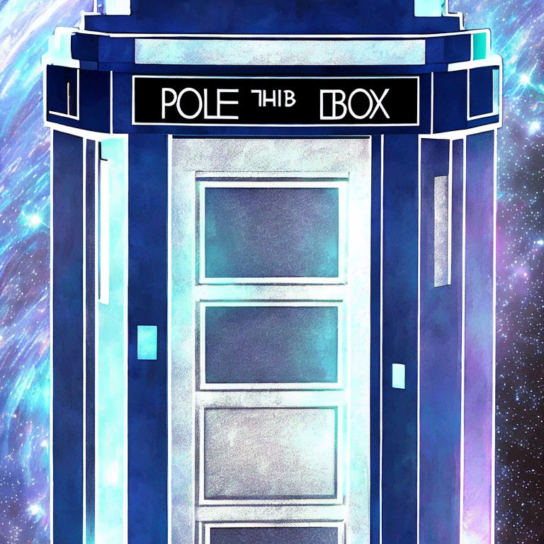 Blue police box illustration on cosmic background