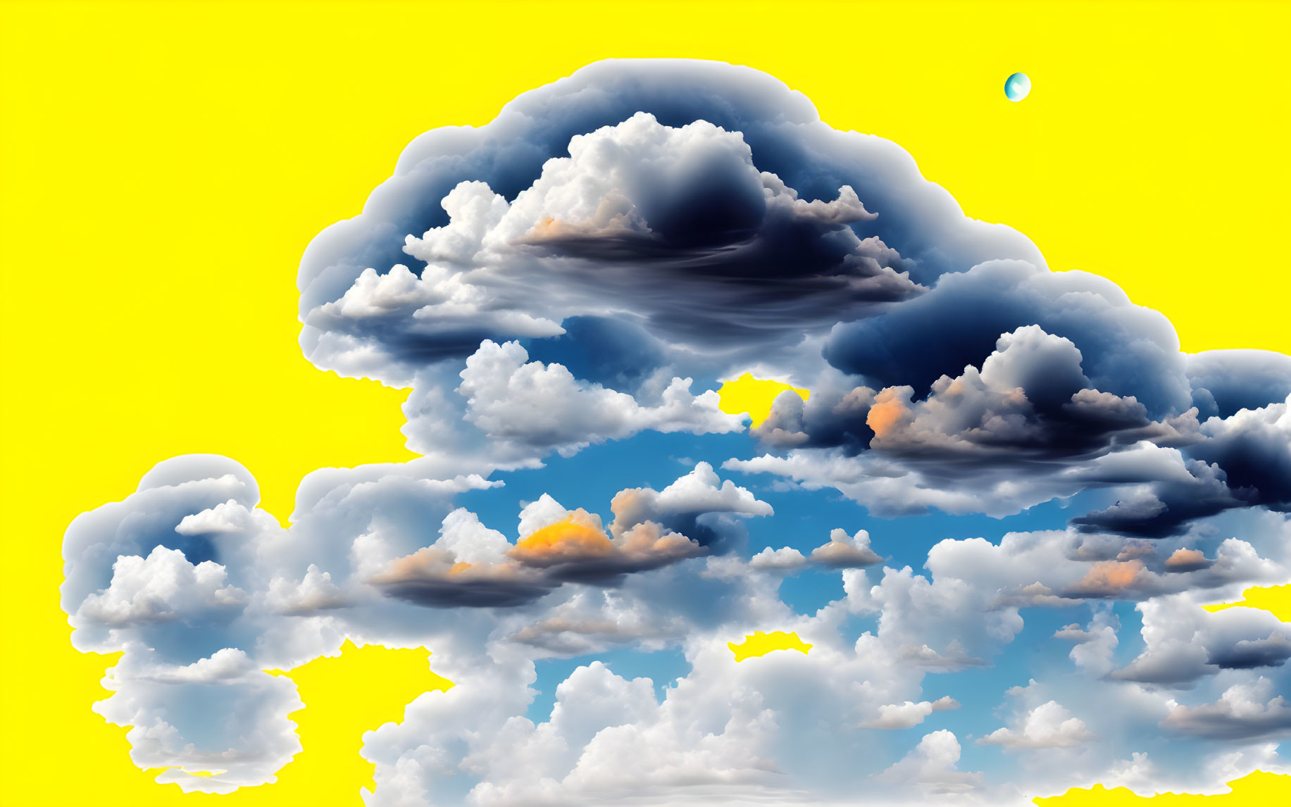 Vibrant blue clouds in surreal skyscape on yellow background