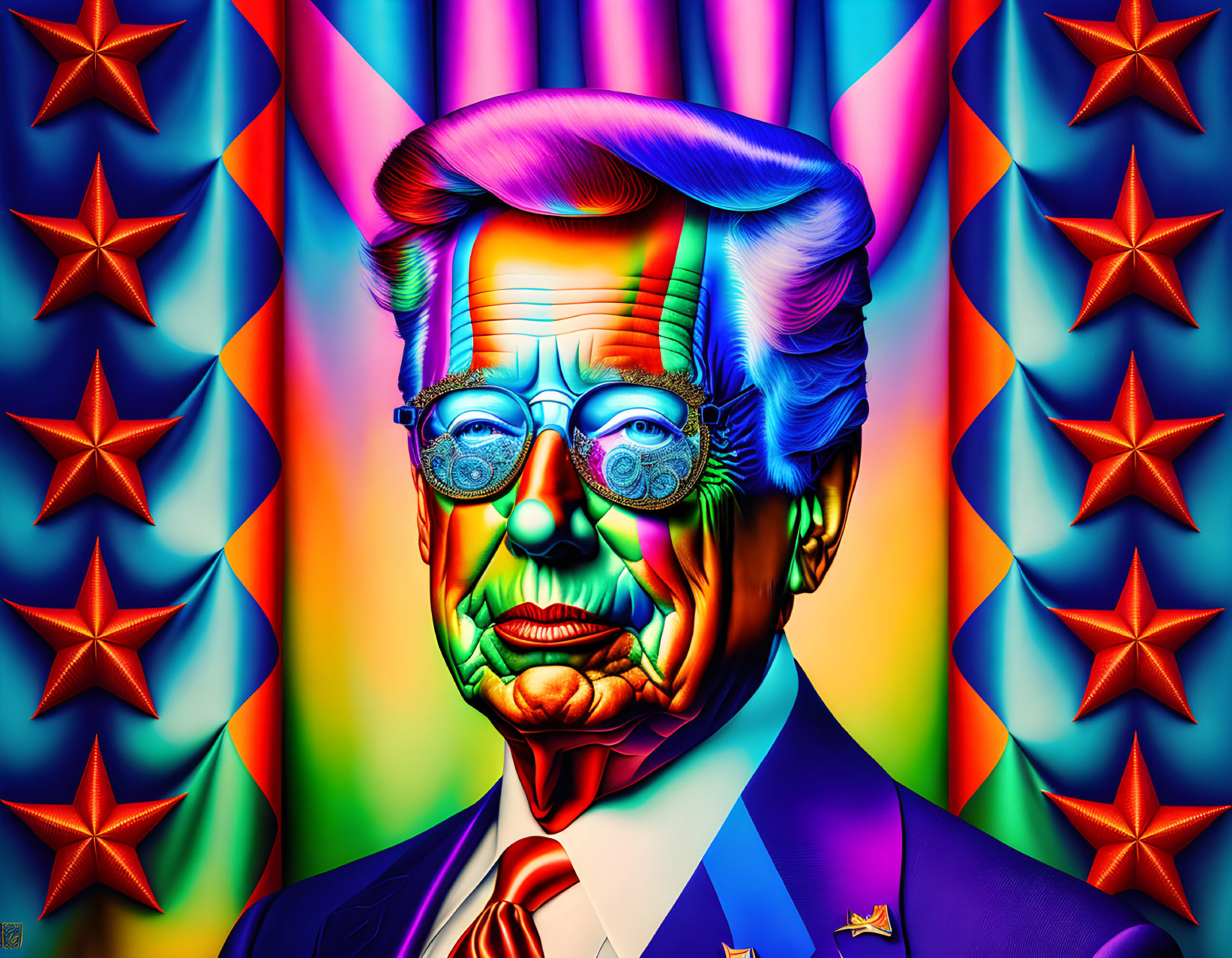 Colorful portrait of a man with glasses against starry geometric backdrop