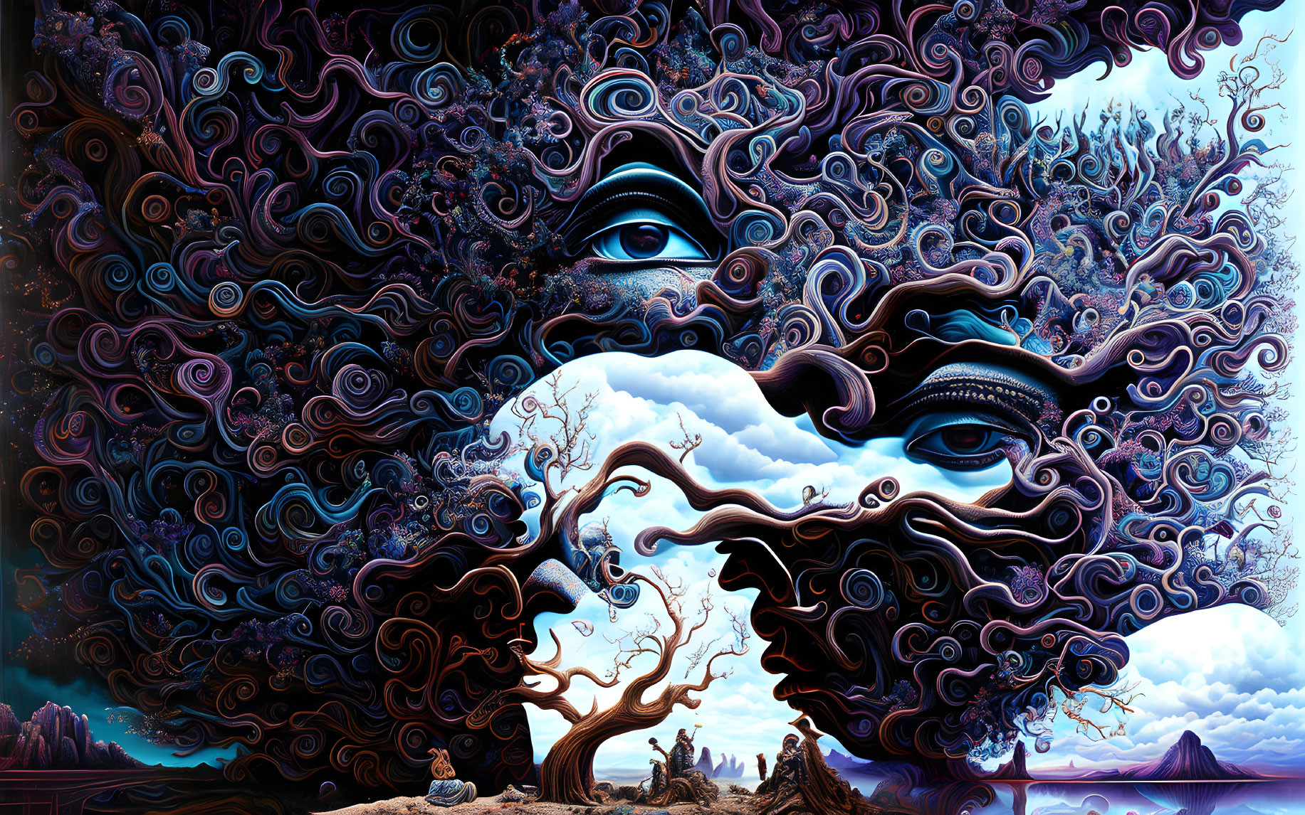 Colorful surreal digital artwork: swirling faces, intricate details, whimsical landscape