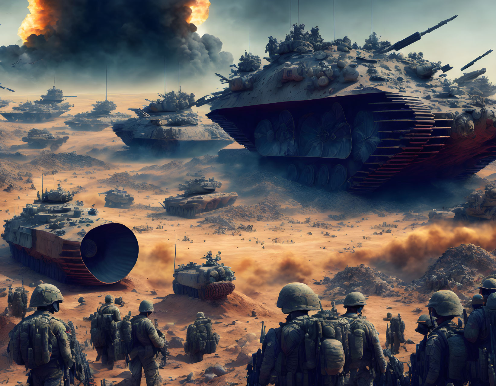 Futuristic battlefield with armored soldiers, hovering tanks, explosions, and desolate landscape