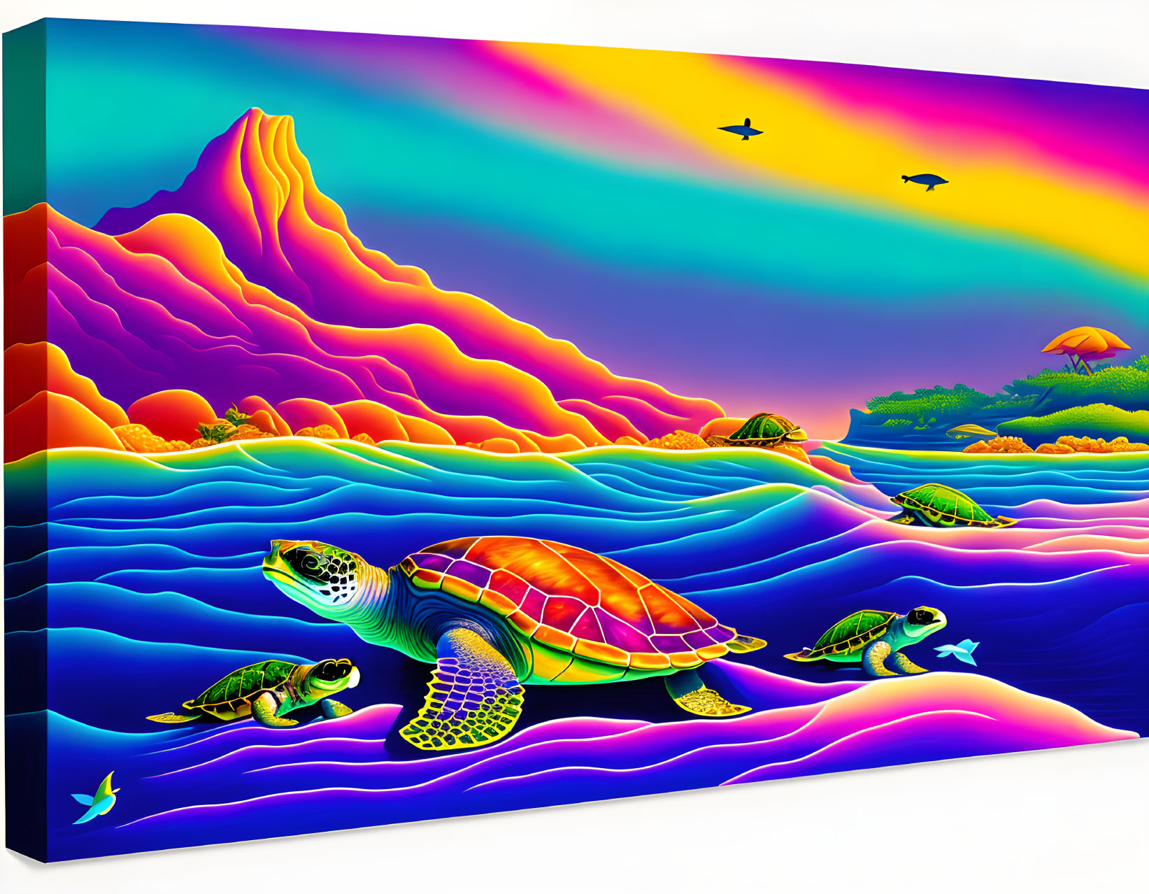 Colorful digital artwork: Sea turtles in rainbow waves with flying birds