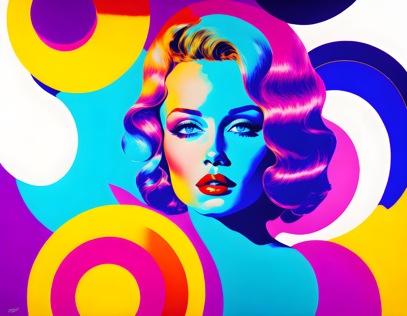 Colorful Pop Art Portrait of Woman with Wavy Hair