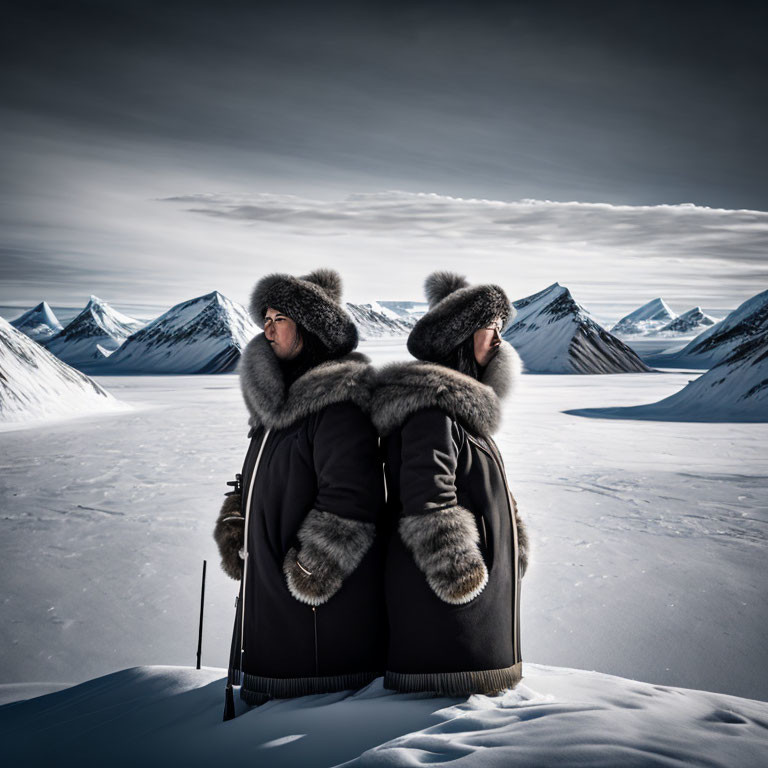 Two individuals in fur-lined parkas stand back-to-back in snowy landscape.