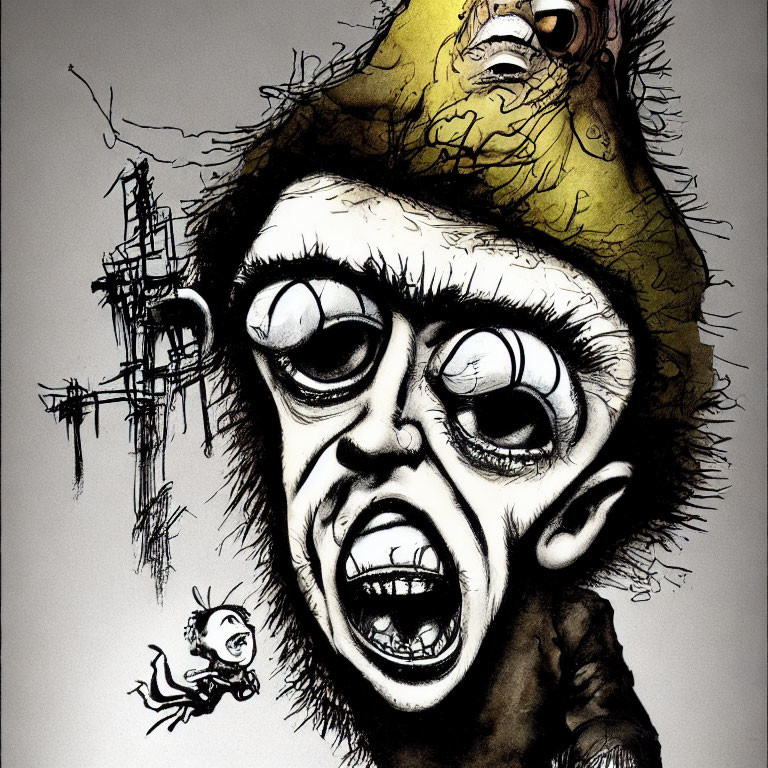 Grotesque caricature illustration with large eyes, mouth, and hat.