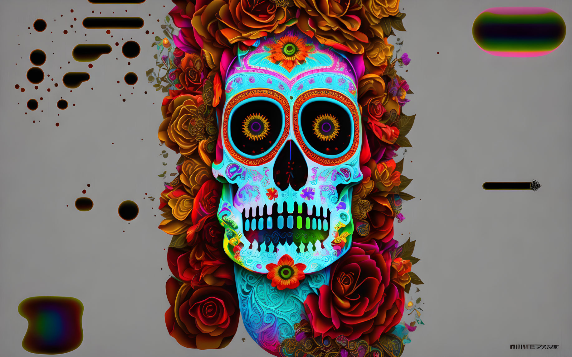 Vibrant digital artwork featuring floral skull and Day of the Dead theme