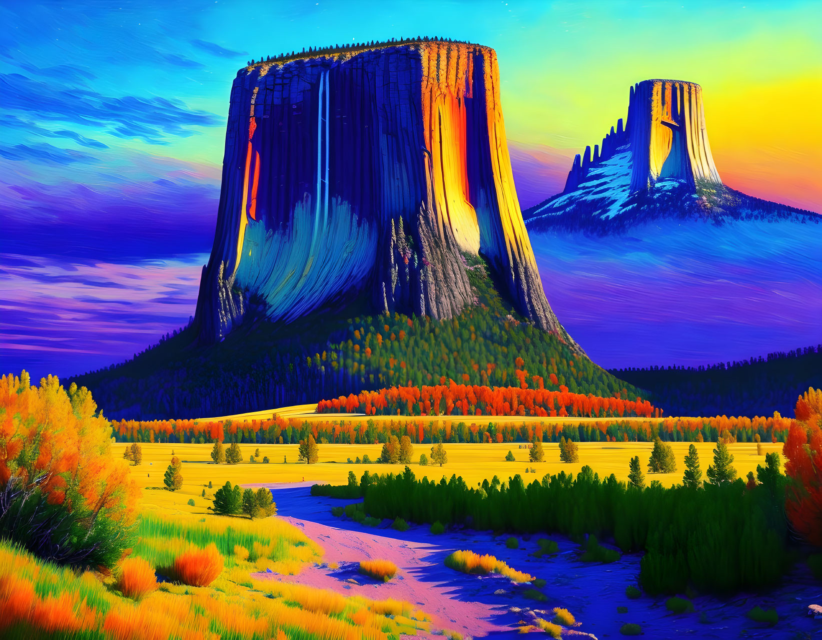 Colorful digital artwork: Mesas in autumn landscape