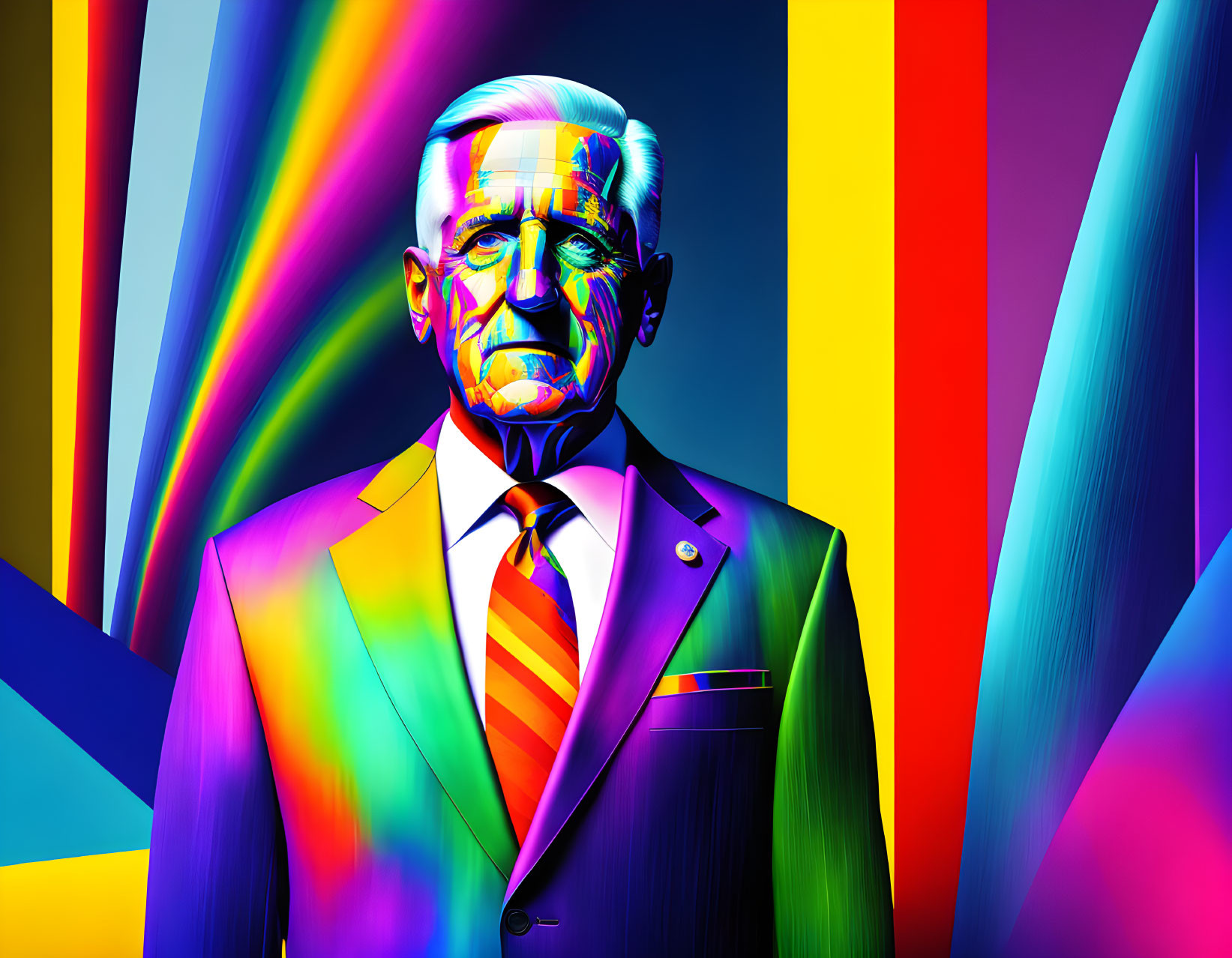 Colorful digital artwork: Man in suit on geometric backdrop