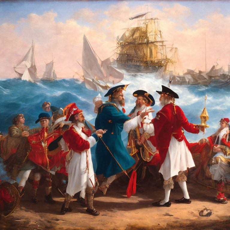 Historic maritime painting: Elaborately dressed men on ship exchanging ceremony with sailing vessels in background