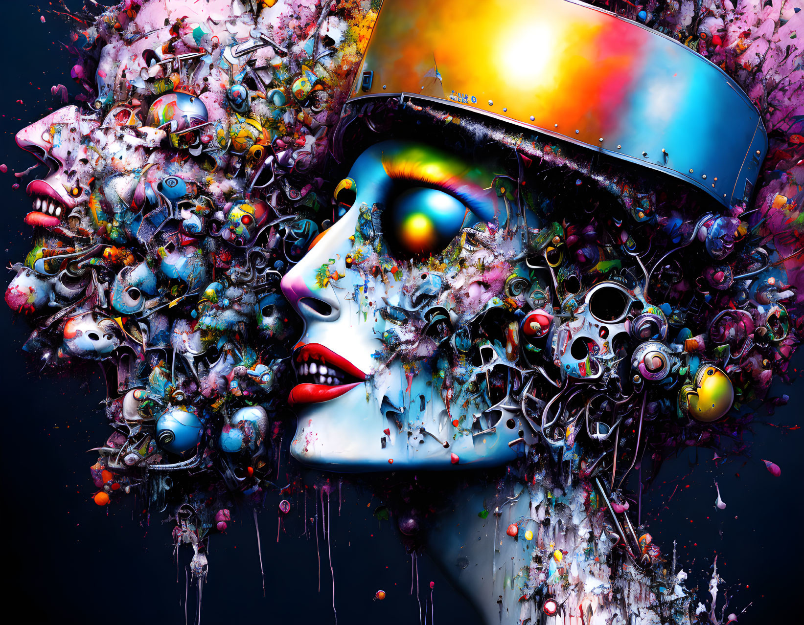 Colorful visor female figure in chaotic digital artwork