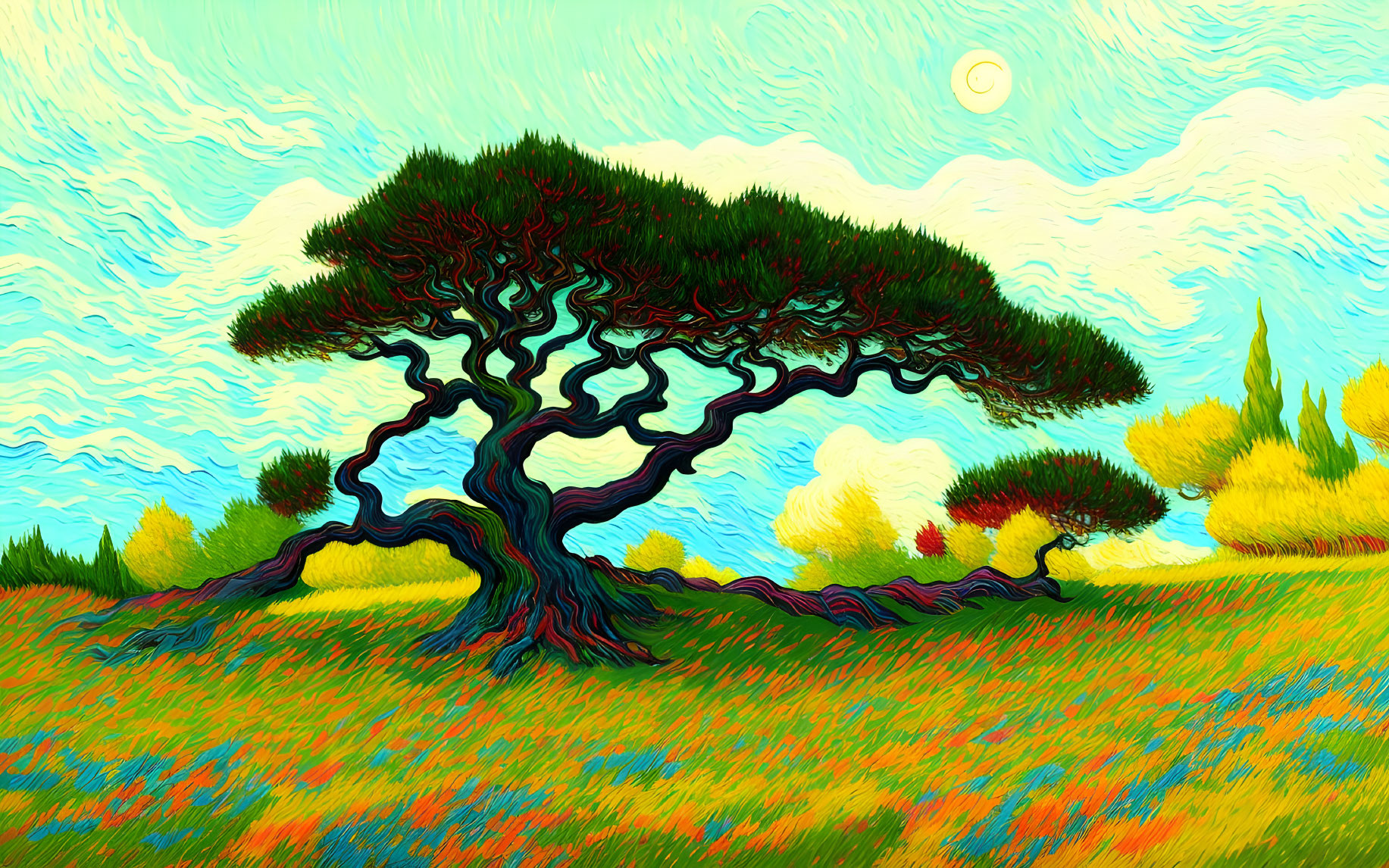 Colorful Impressionist Painting of Twisted Tree on Vibrant Landscape