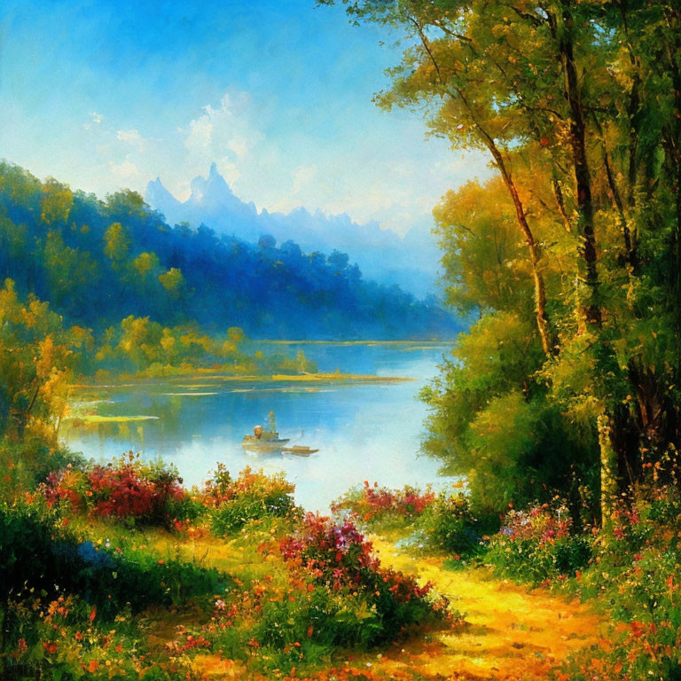 Tranquil landscape painting of sunlit forest path to serene lake