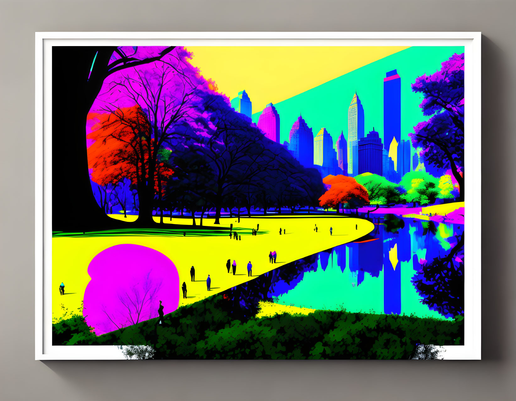 Vibrant digital artwork of urban park with trees, waterway, figures, skyscrapers