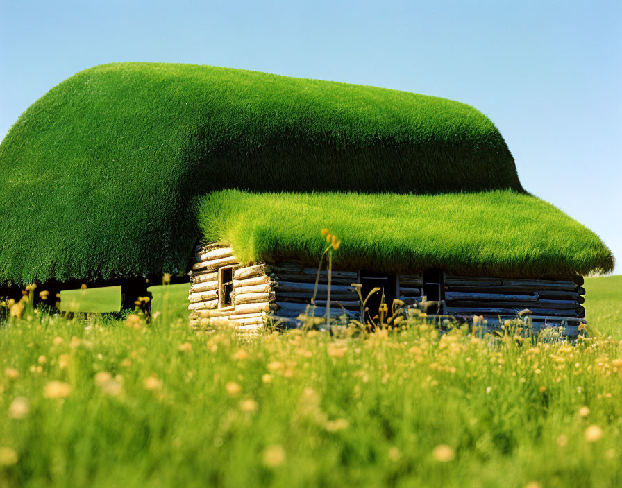 Stone structure with grass roof in field of yellow flowers under blue sky