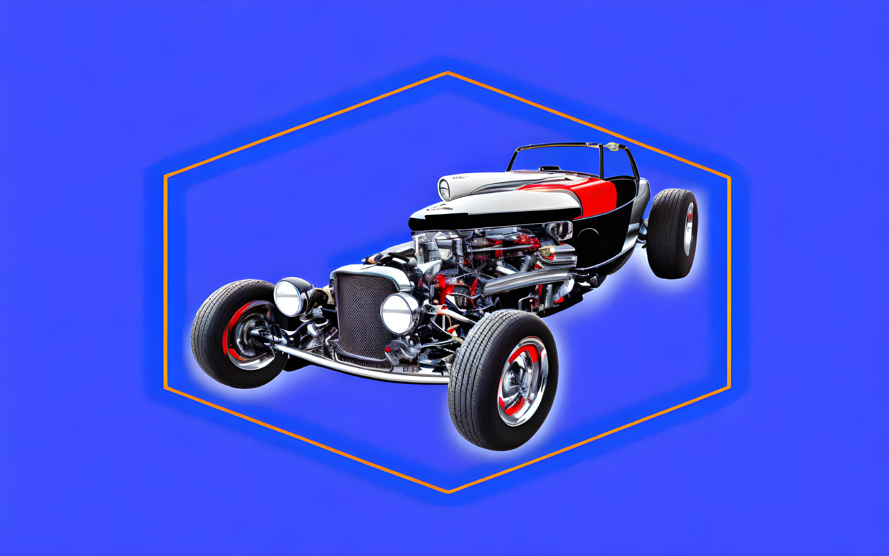 Classic Red and White Hot Rod with Exposed Engine on Blue Background