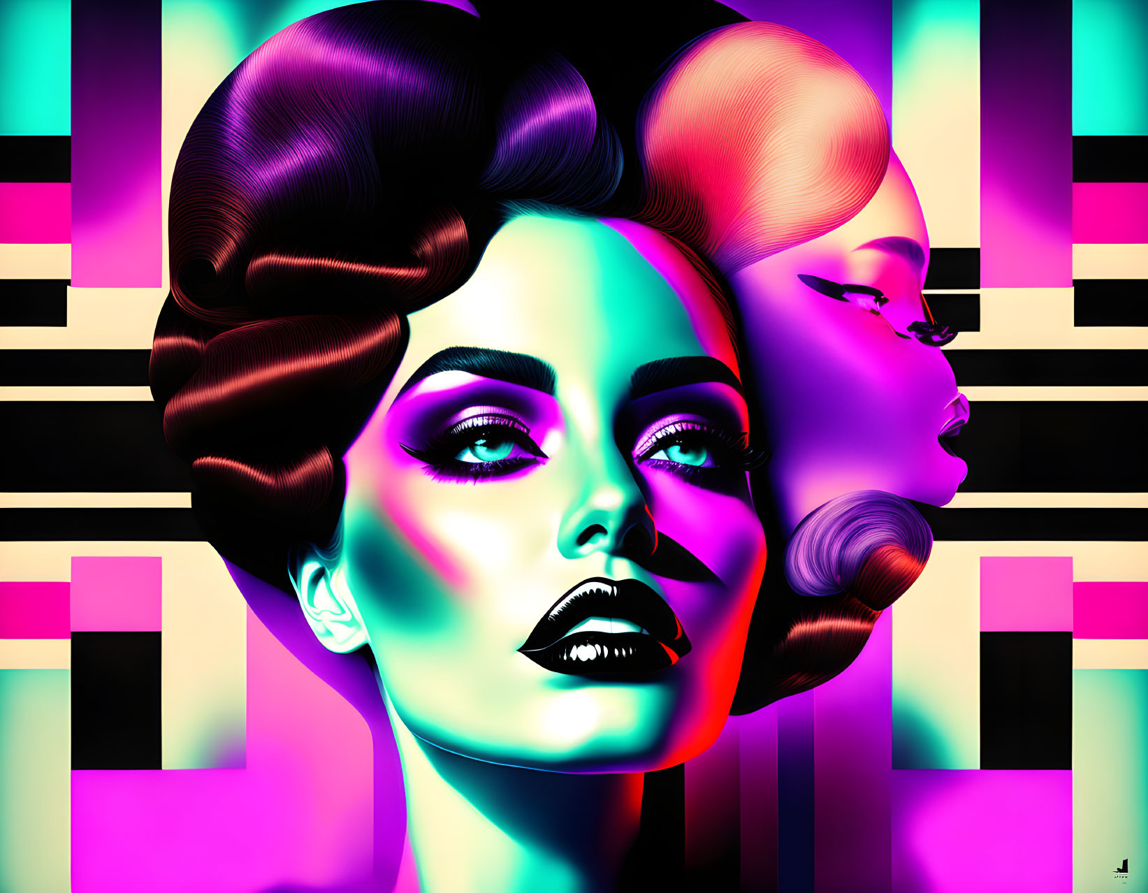 Exaggerated features and neon colors on woman against geometric backdrop