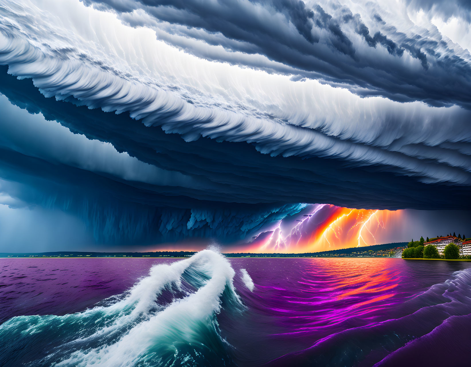 Striking shelf cloud formation over dramatic seascape