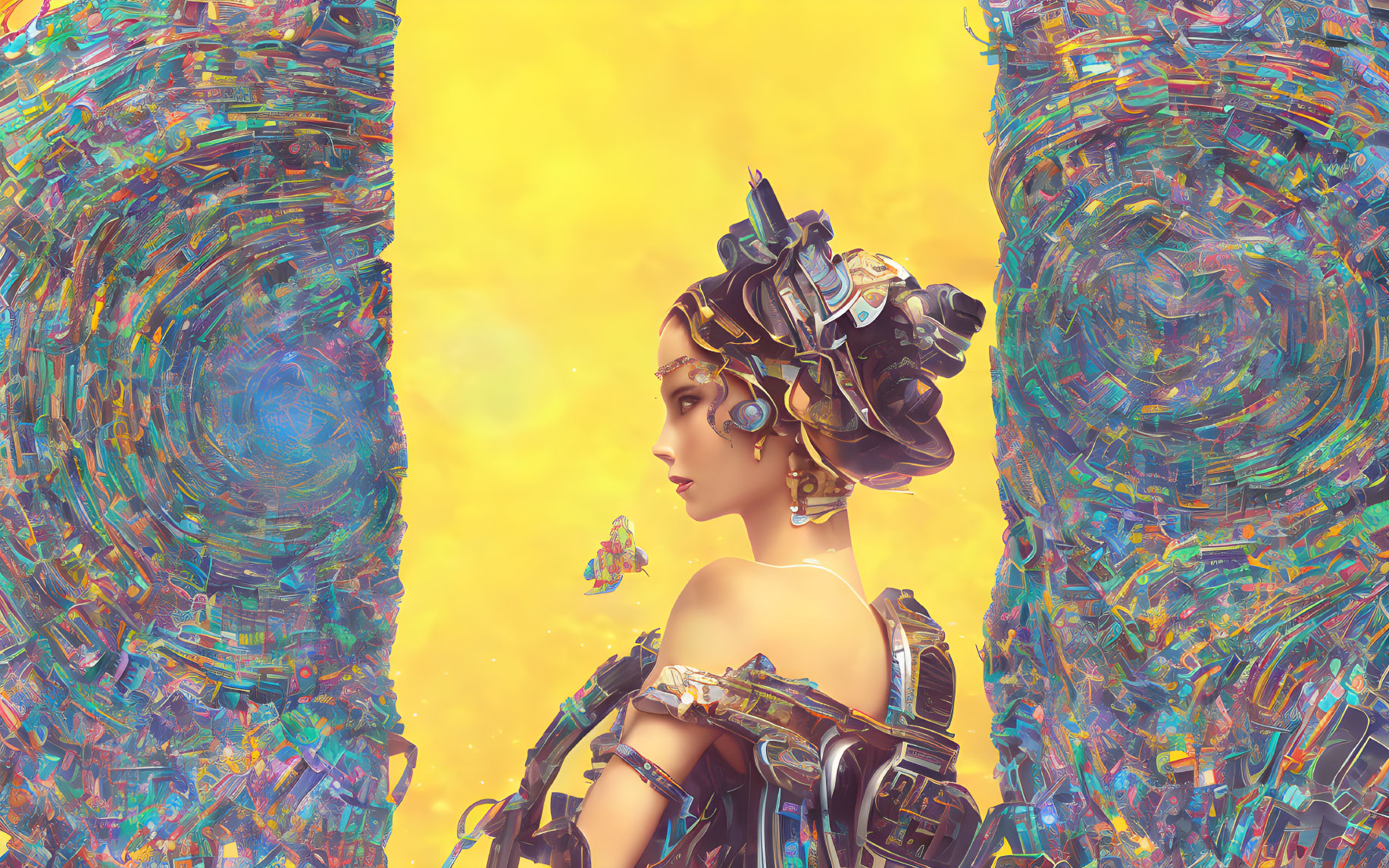 Futuristic woman in mechanical headdress and armor in colorful vortexes