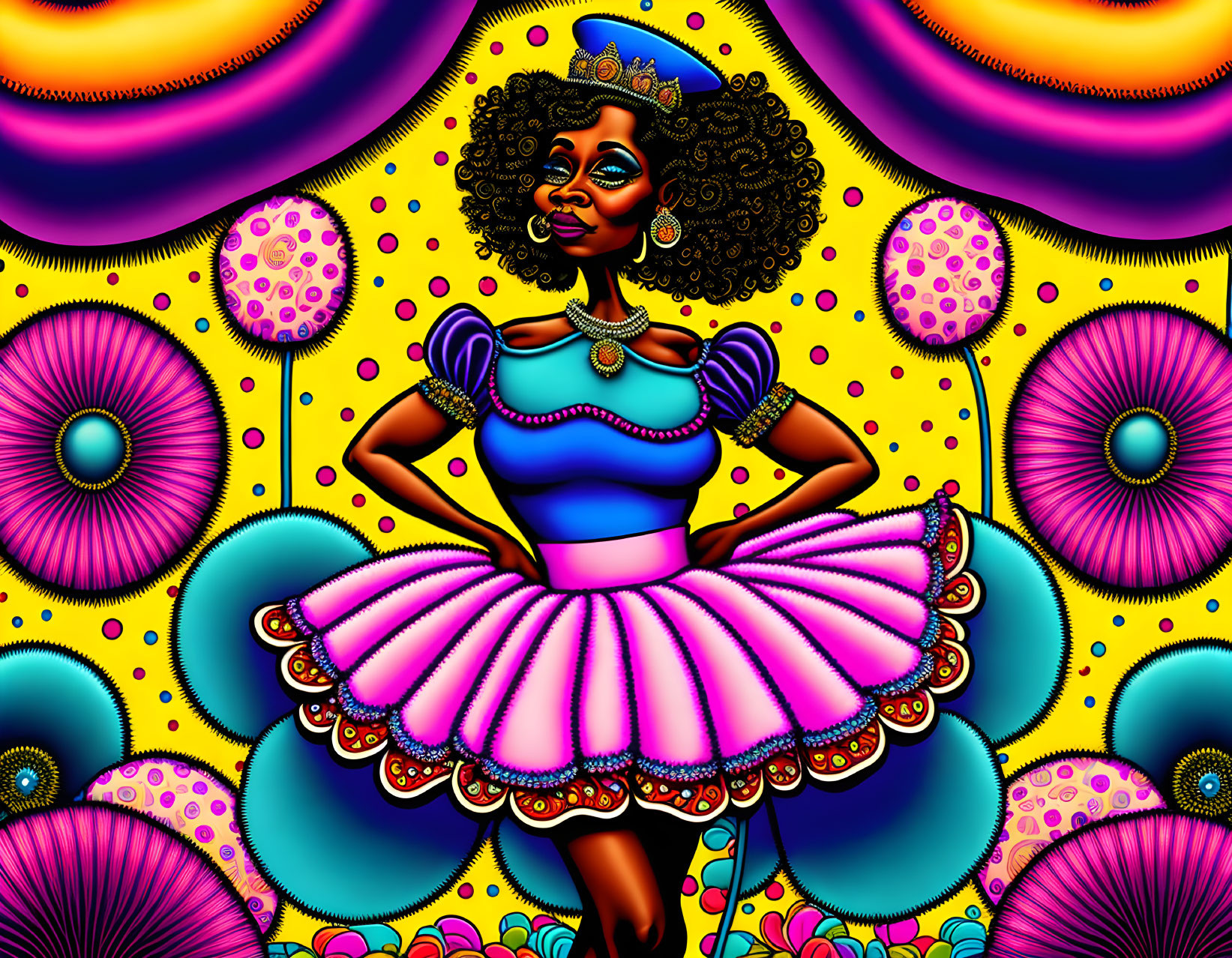 Colorful digital artwork of woman with afro and crown in pink dress on psychedelic backdrop