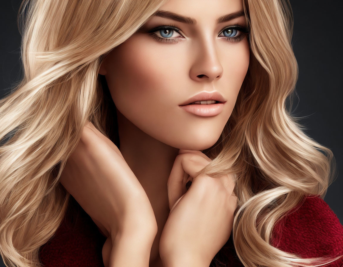 Blonde woman with wavy hair in red knit top portrait