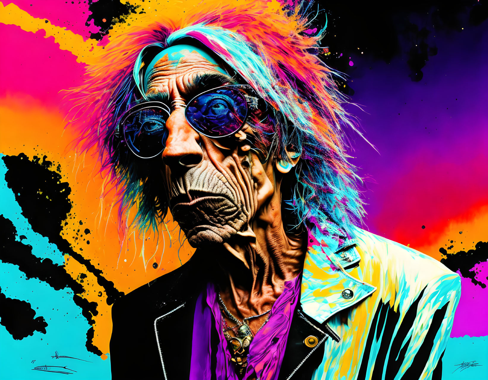 Colorful pop art portrait of elderly person with spiky hair & sunglasses