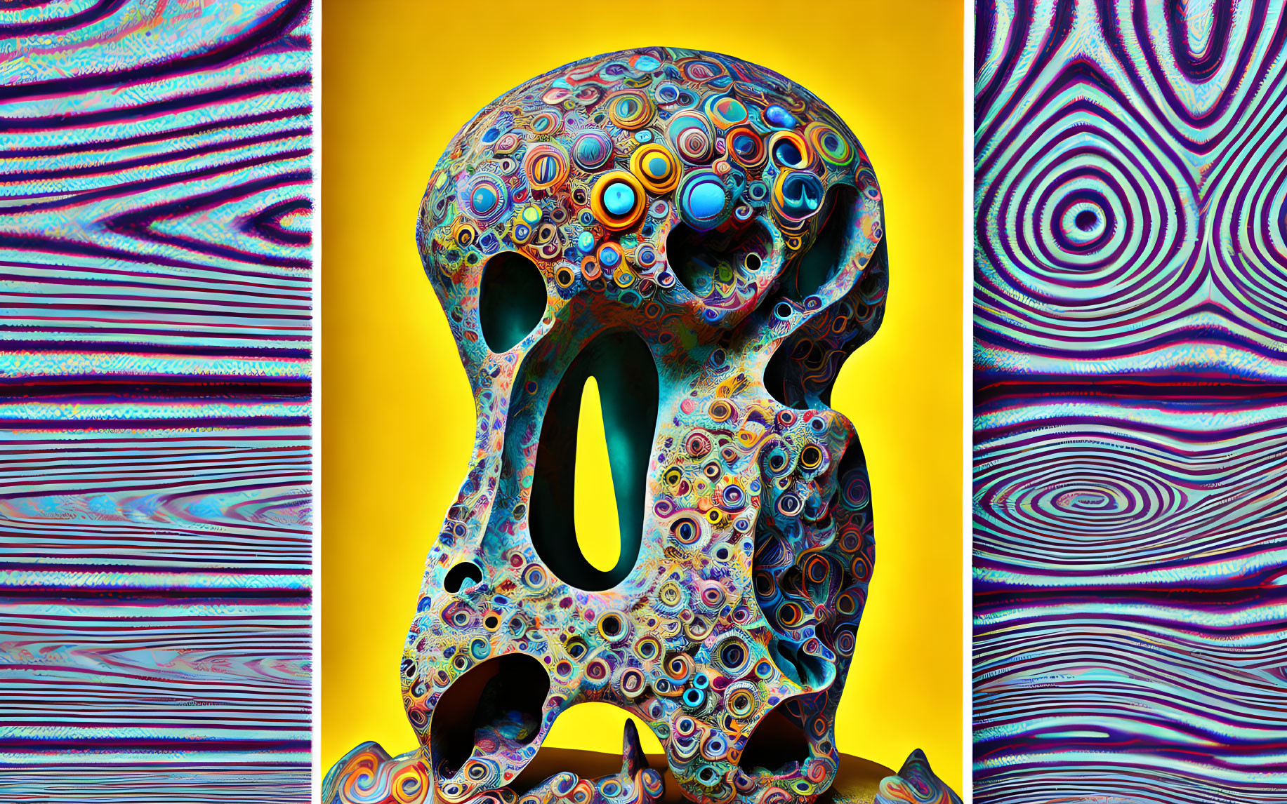 Abstract Multicolored Porous Skull Sculpture on Vibrant Background