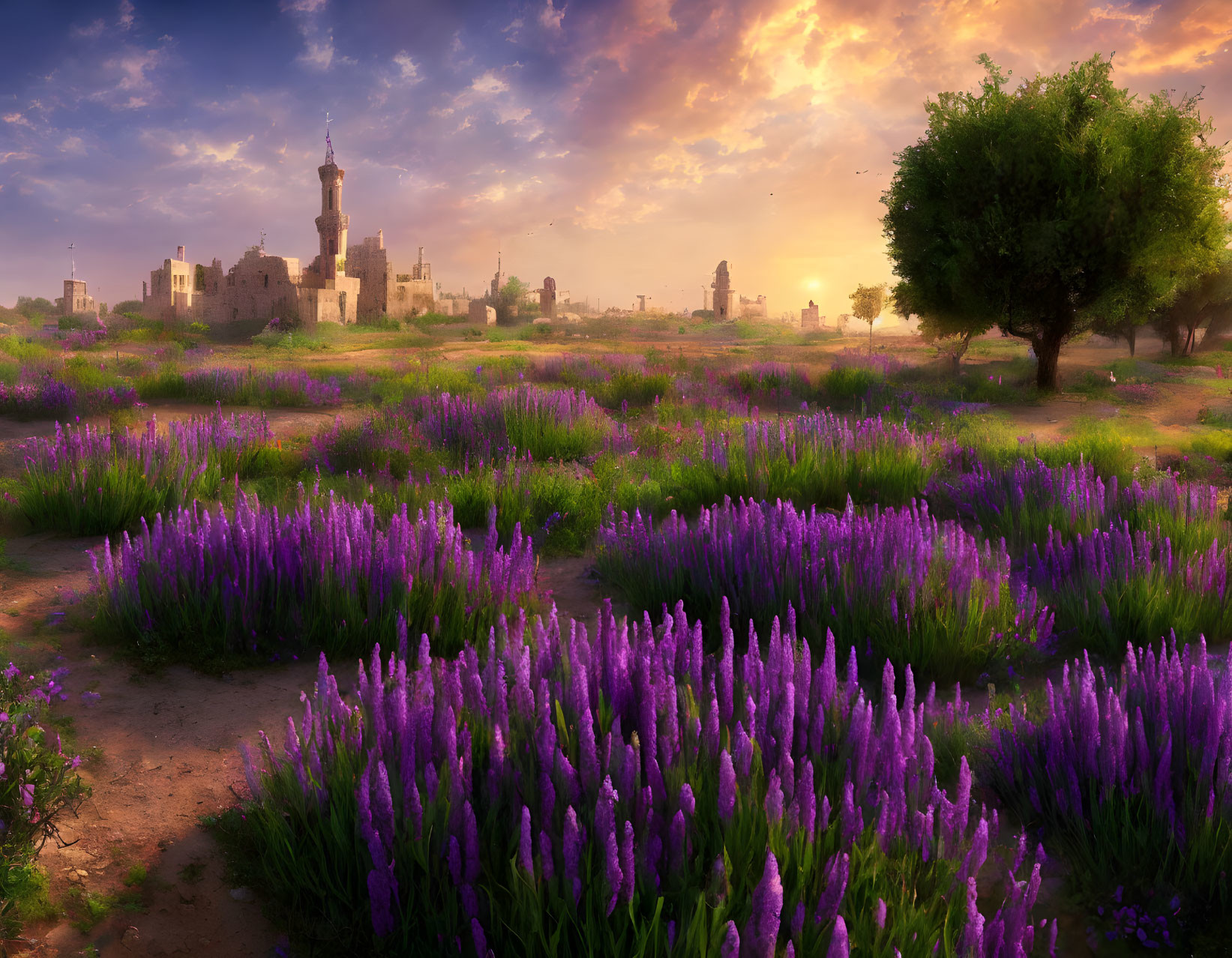 Sunrise landscape with castle ruins, purple flowers, and cloudy sky