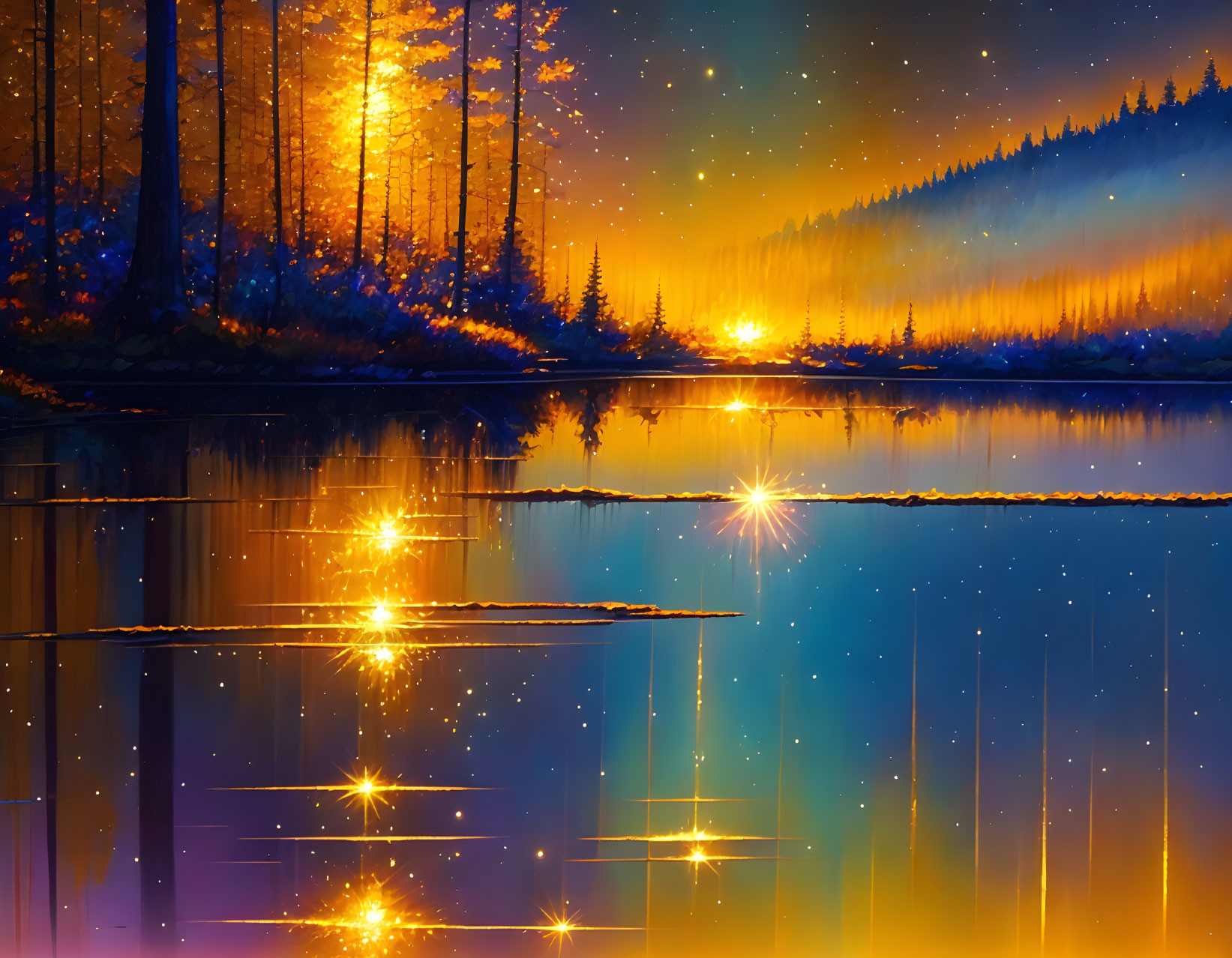 Night scene with illuminated trees, twinkling stars, and serene water reflection.