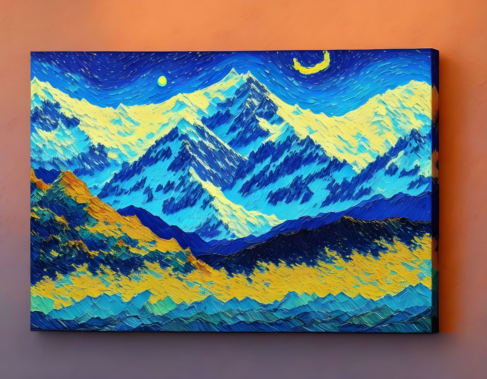 Snow-capped mountains under starry night sky painting on orange wall