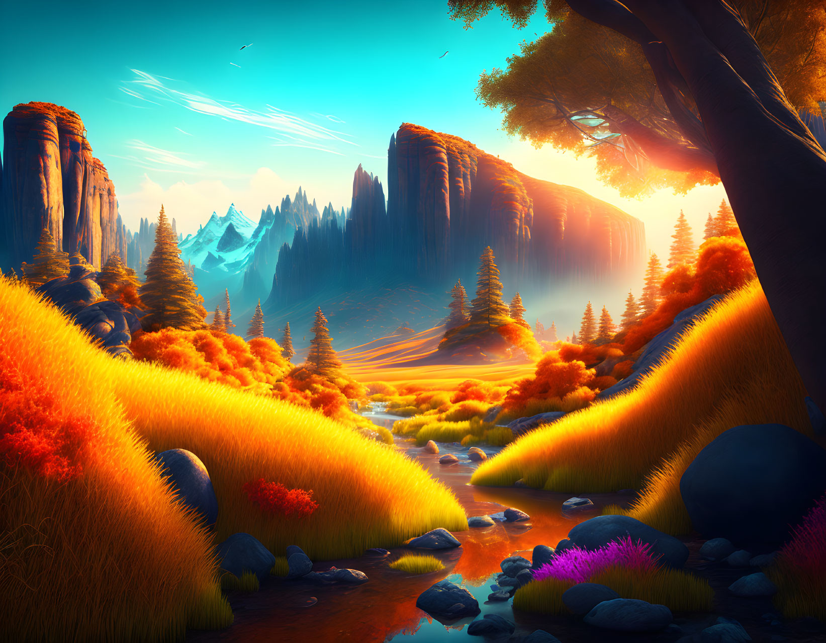 Majestic fantasy landscape with rock formations, river, autumn flora, and snowy mountains