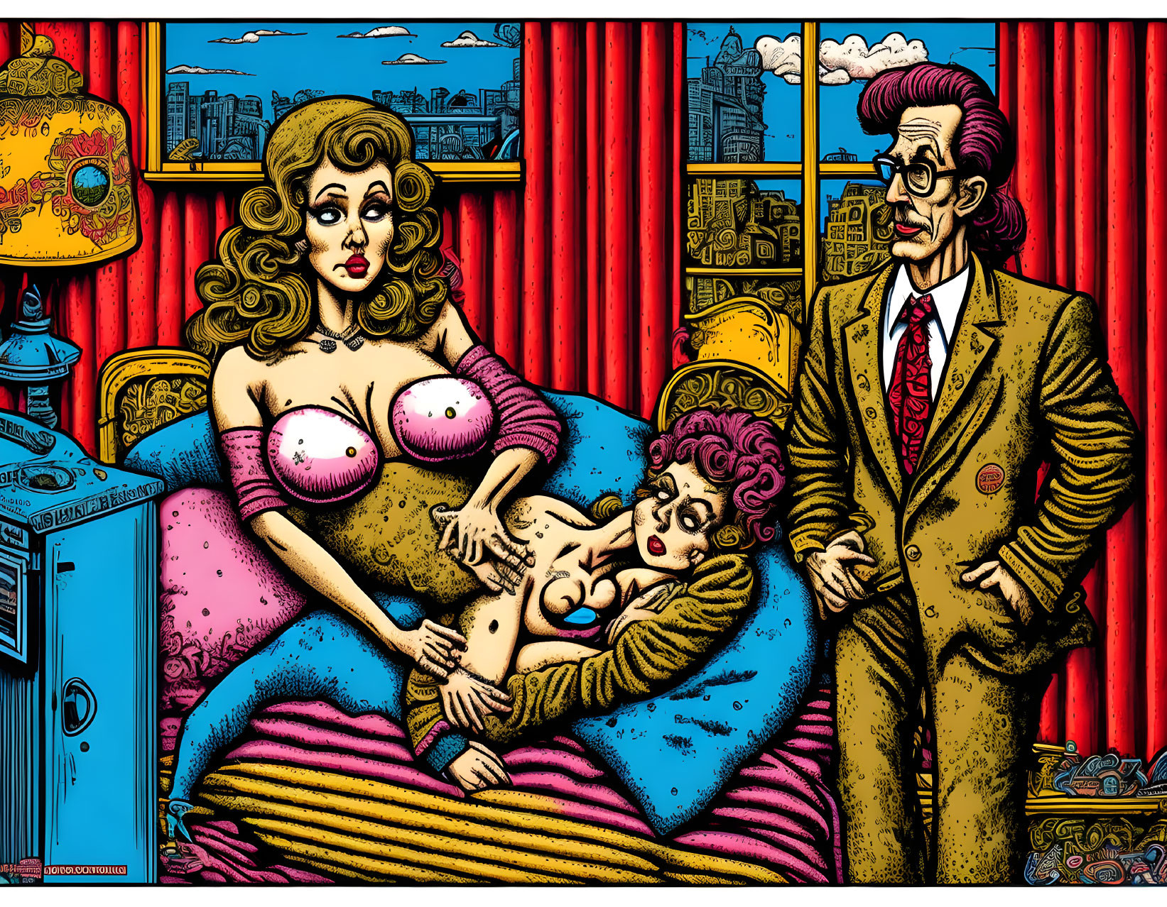 Vibrant illustration of woman, child, and man on couch in city setting