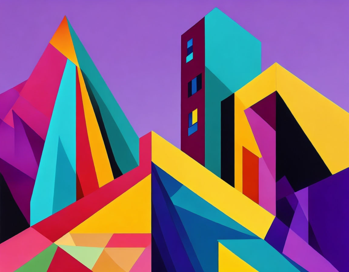 Colorful Abstract Geometric Painting with Triangular Shapes and Stylized Building