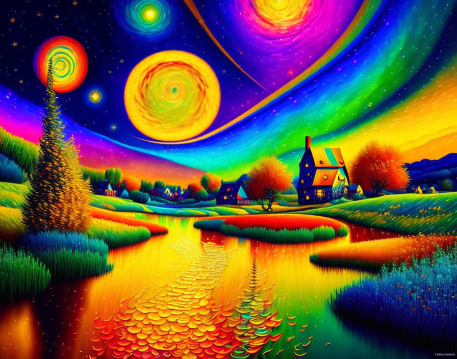 Colorful Fantasy Landscape with Quaint House, Trees, River, and Celestial Sky