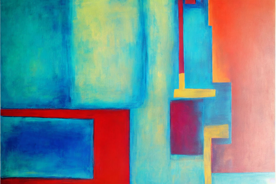 Vibrant abstract painting with blue, red, and turquoise shapes