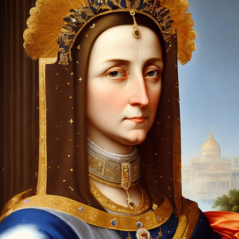 Traditional woman portrait in ornate attire with headdress, against backdrop of domed building