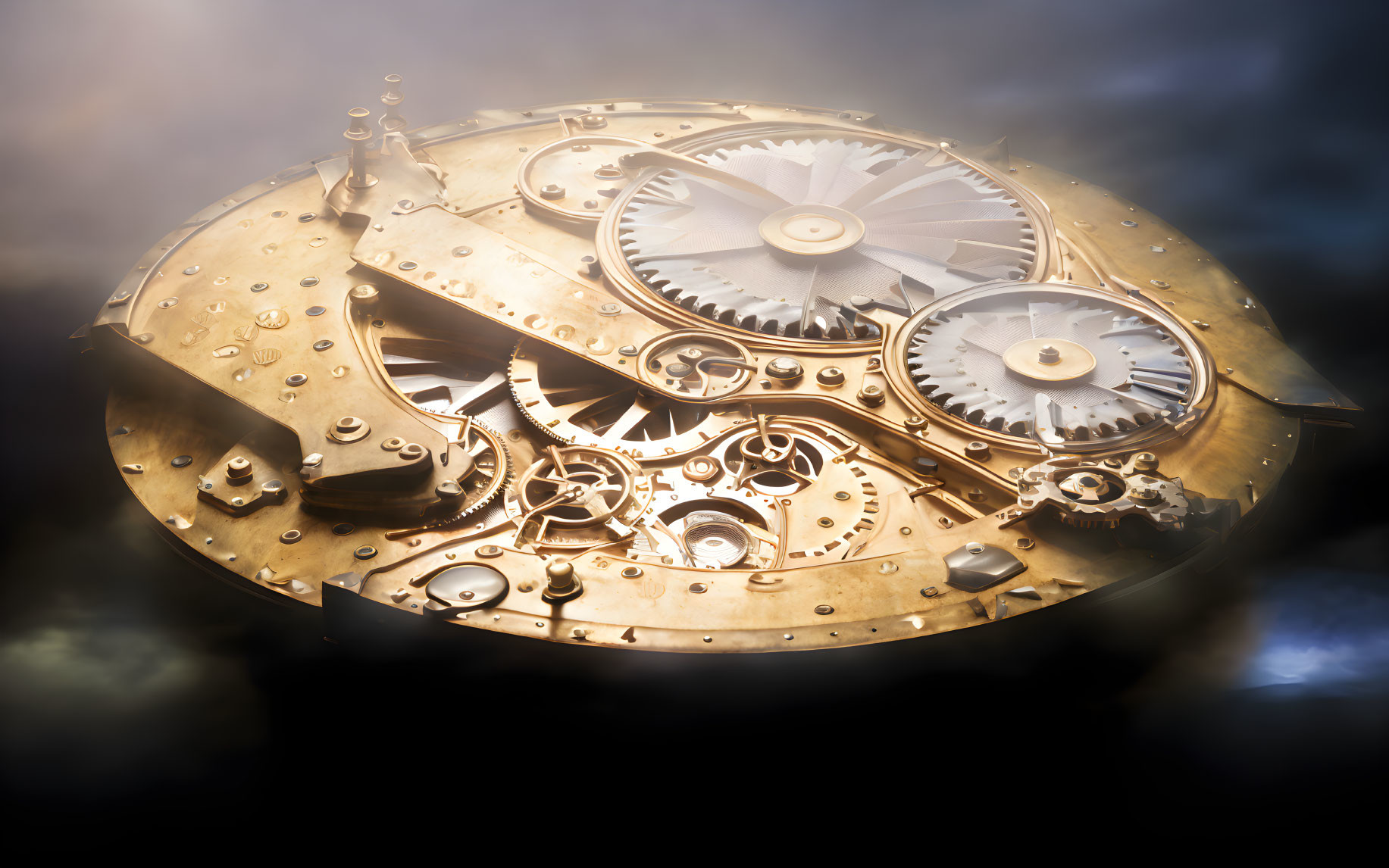 Intricate brass gears and cogs against surreal glowing backdrop