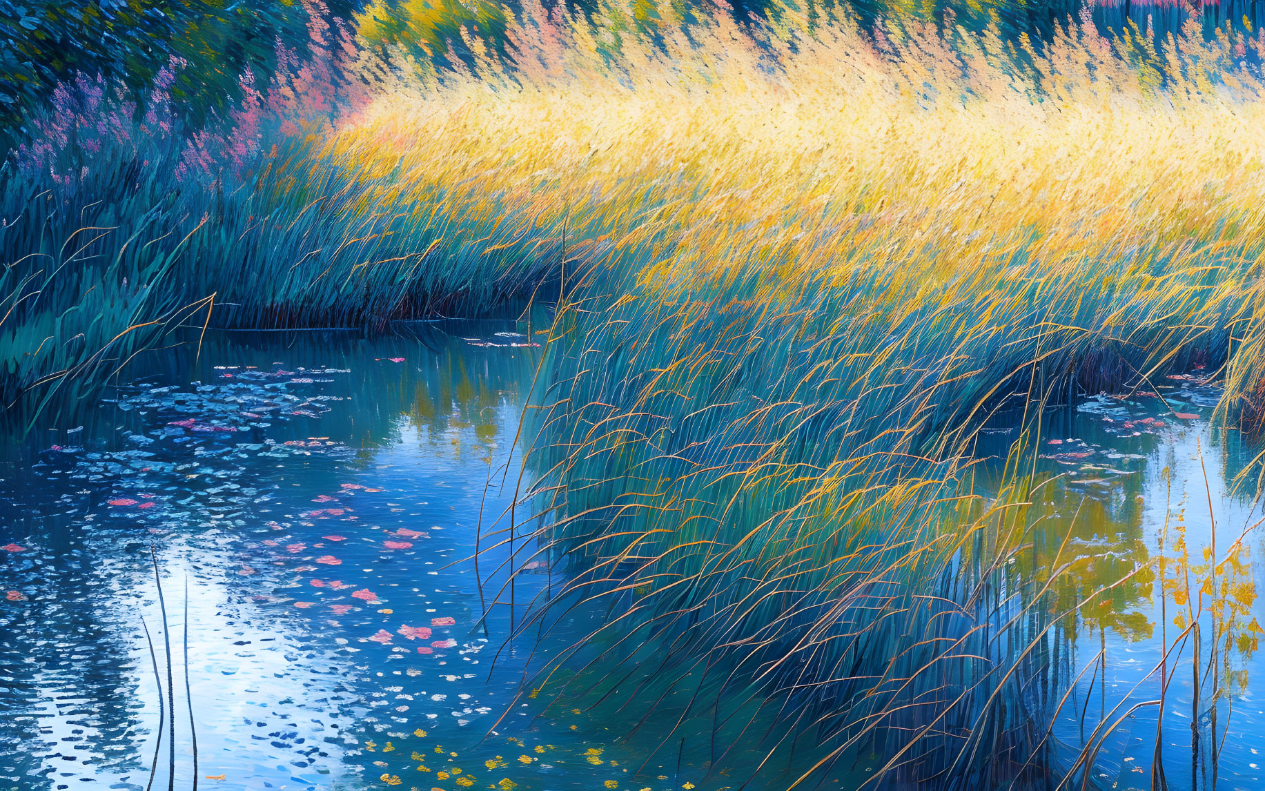 Tranquil pond with golden reeds, floating lilies, and colorful sky