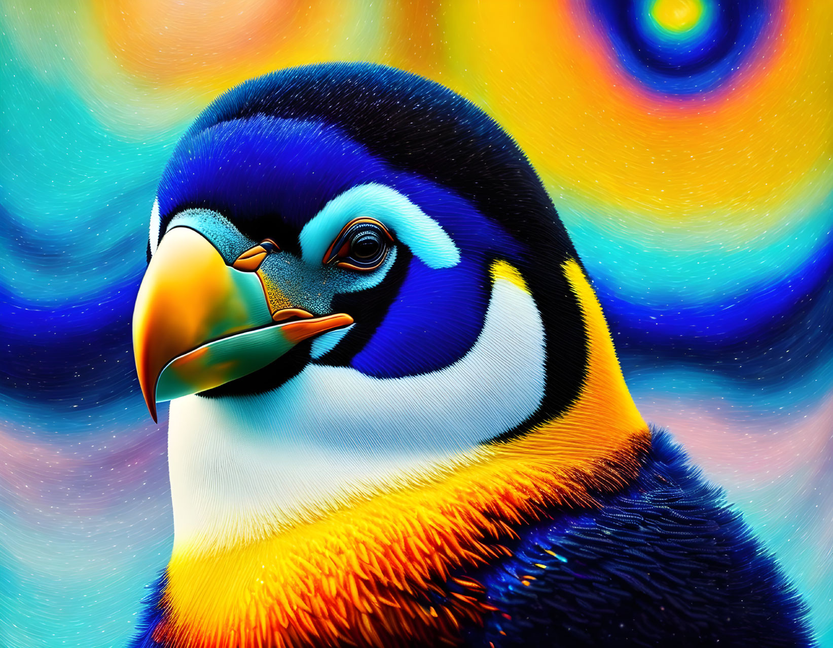 Colorful Penguin Artwork on Swirled Background