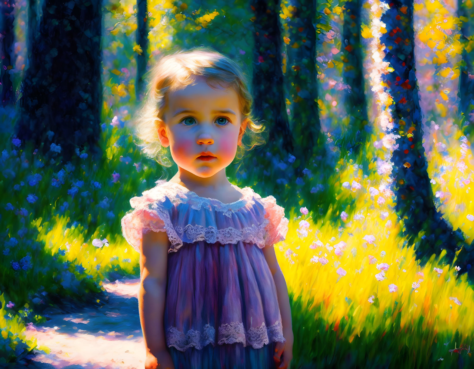 Young child in pink dress surrounded by vibrant flowers in sunlit forest