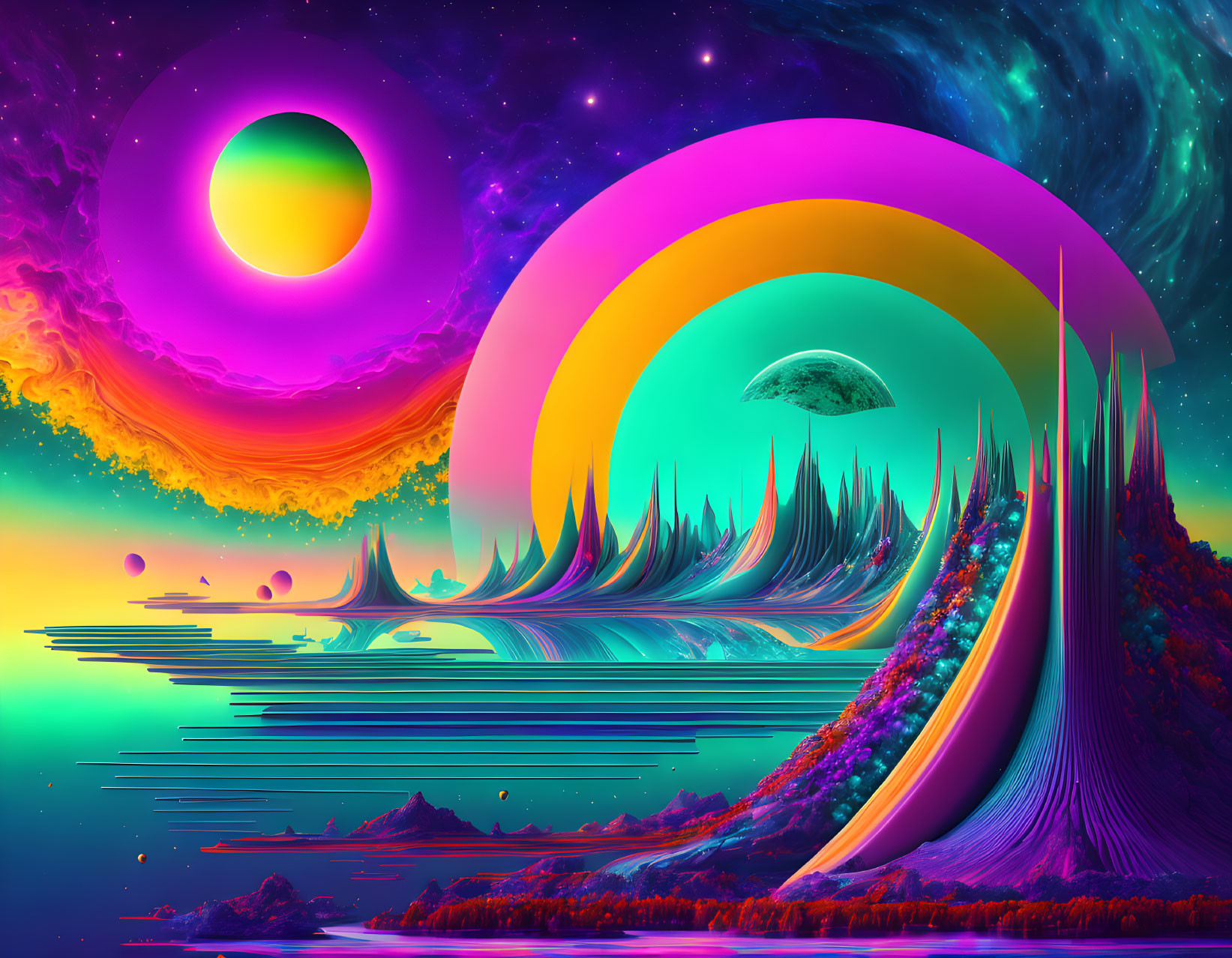 Colorful Psychedelic Landscape with Swirling Colors and Celestial Bodies