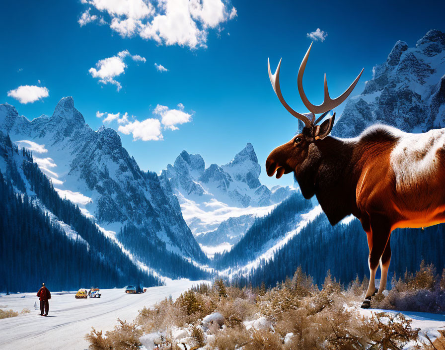 Majestic moose near snowy road with mountains, person, and cars